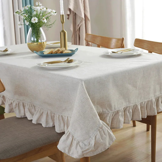 Cotton Linen Ruffled Tablecloth for Wedding Home Party Dining Banquet Decoration Flax Fabric Table Cloth Luxurious Table Cover