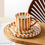 Qfdian  280ml/9.5oz afternoon tea coffee cup, Minimalist striped hand drawn cup and plate set, ceramic milk coffee cup, household drinki