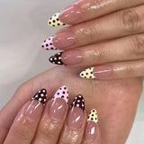 Qfdian  24pcs Mid-length Almond Fake Nail Art Wine Red French Nails Tips Bow Polka Dot Design False Nail Set Sweet Cherry Press on Nails
