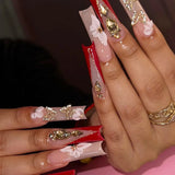 Qfdian 24Pcs Pure White French Press on Nails Long Square Head False Nails with Pearl Pink Bow Design Ballet Wearable Fake Nails