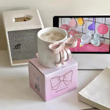 Qfdian  Ceramic Coffee Mug Ribbon Bow Handle Coffee Cup Cute Cups Aesthetic with Pink Bow Gift Box Packaging Gift for Friend