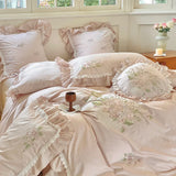 Qfdian  4/7Pcs Flowers Embroidery Lace Ruffles Wedding Bedding Set 1200TC Egyptian Cotton Duvet Cover Flat Bed Sheet Pillowcases