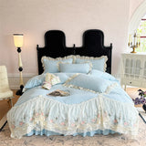 Qfdian  4Pcs Korean Style Lace Flowers Embroidery Princess Wedding Bedding Set Duvet Cover Bed Sheet/Fitted Sheet/Bed Skirt Pillowcases