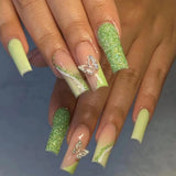 Qfdian 24Pcs Extra Long Square Fake Nail with Glue 3D Little Bear Bow Design False Nails White French Press on Nails Wearable Manicure