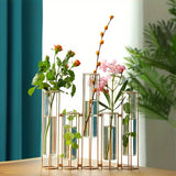 Qfdian  Test Tube Vase with 5 Test Tubes, Gold Vase for Centerpiece, Gold Vase with Metal Stand, Glass Vase for Wedding Home Decoration