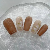 Qfdian Marble Gradient Ice Tea Flower Short Square Detachable Reusable High-Quality Elegant Brown Handmade Press On Nails