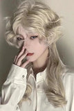 Qfdian Beige Medium Long Curly Hair Retro Ouji Wig with Bangs 18 Inch 13x4 HD Wigs for Women Lolita for Cosplay and Party Use