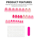 Qfdian  24pcs Sweet Pink Flower Press On Nails Glossy Short Almond Full Cover Stick-on Nails Gold Stripe Blush Artificial False Nails