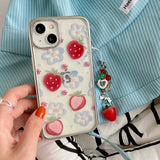 Qfdian 3D strawberry chain painting blue flower fruit phone case for iphone 12 15promax 14pro 13pro 15 pro max ins plating cover coque