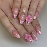 Qfdian  24Pcs Mid-length 3D Flowers Design Fingertips Sweet Butterfly Yellow Ripple Almond False Nails Detachable Full Cover Press Ons