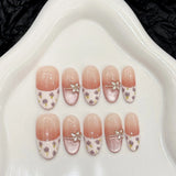 Qfdian  10pcs Handmade Sweet Fake Nails Aurora Gradient Pink False Nail Patches Full Cover Wearable Sweet Korean Flowers Press on Nails