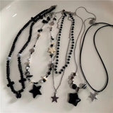 Qfdian  Punk Y2K Grunge Black Star Pendant Beaded Silver Color Chain Choker Necklace For Women Men Goth Charm EMO 2000s Jewely Accessory