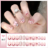 Qfdian  24pcs Bowknots Love Heart Pattern Press On Nails Cute Fresh Short Round French Style False Nails Korean Sweet Wearable Fake Nail