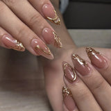 Qfdian  24Pcs Mid-length Almond Ballet False Nails Simple Cat Eye Design Press on Fake Nail Wearable Full Cover Nail Tips Manicure Tools