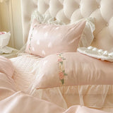 Qfdian 4Pcs Pure Cotton French Flowers Lace Ruffles Princess Wedding Bedding Set Duvet Cover Quilted Bedspread Bed Skirt Pillowcases