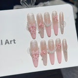 Qfdian  10pcs Handmade Pink Bow Pearl Fake Nails Sweet Shiny French Press on Nails for Lady Girl Wearable Korean Girl Fake Nail Tips