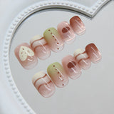 Qfdian  24pcs Spring Day Little Fresh False Nails Gradient Line Dot Love Heart Designs Press On Nails Pink Short Square Fake Nail Tips