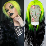 Qfdian Ombre Green Black Highlight Wig Synthetic Hair Loose Deep Wave Long Curly Wavy 13X4 frontal Colored Wigs for Women Party Cosplay