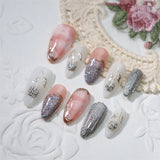Qfdian Handmade Wearable Press On Nails Y2k Fairy Medium Almond Fake Nails Light Luxury Charms Fake Nails Manicure Ballerina Detachable