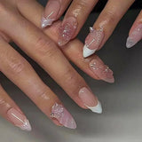 Qfdian  24pcs Press on Fake Nails Set Almond Wearable Simple French Flower False Nail Art Gold Beads Design Diamond Manicure Tips