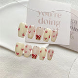 Qfdian Handmade Press on Nails Full Cover Bowknot Heart Acrylic French False Nails Cute with Aurora Reusable Manicure Nail Kit Manicure