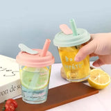 Qfdian  Cute Clear Glasses Cup With Straw and Lids Leak Proof Tumbler Drinkware Cold Glass Coffee Mugs Home Office Milk Juice Water Cups