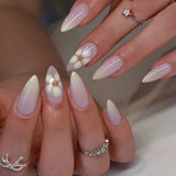 Qfdian  24pcs Long Stiletto Press on Nails Hot Girl Almond False Nails Nude Flower Rhinestones Full Cover Fake Nail Finished Manicure