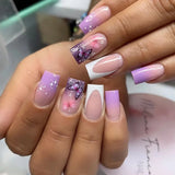 Qfdian  24pcs Glitter Short Square Fake Nails Sets Rhinestones French Design False Nail Tips Reusable Pink Press on Nails Tips Manicure
