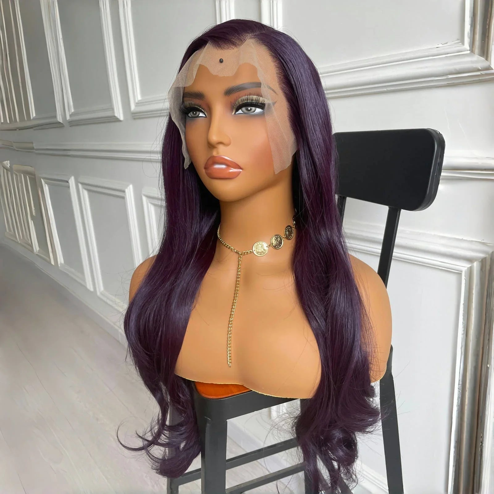 Qfdian 13X4 Dark Purple Wig Synthetic Hair Natural Wavy Lace Front Wig Body Wave Long Hair Colored Lace Frontal Wigs for Women Party