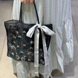 Qfdian Korean Fashion Y2k Aesthetic Women's Handbags Vintage Mesh Flower Embroidery Shoulder Underarm Bag Streetwear Grunge Tote Bags
