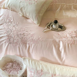 Qfdian 4Pcs Flowers Embroidery Lace Ruffles Princess Wedding Bedding Set Egyptian Cotton Duvet Cover Bed Sheet/Fitted Sheet Pillowcases