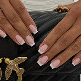 Qfdian 24Pcs Nude White French Fake Nail Short Square Nail Tips Fashion Wearable False Nails with Glue Simple Full Cover Press on Nails