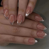 Qfdian 24Pcs Golden French Fake Nail with Almond Head Design Simple Oval False Nails Wearable Press on Nails Full Cover Nail Tips