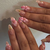 Qfdian 24pcs Wearable False Nail Strawberry Bow Design Nails Tips Red Short Almond Pearl Starlight Fake Nail Art Flower Press on Nails