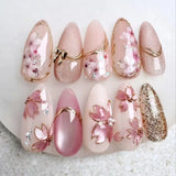 Qfdian 24Pcs 3D Green Ripple Design False Nails Cat's Eye French Almond Fake Nail Tips Leaves Pattern Removable Oval Press on Nails