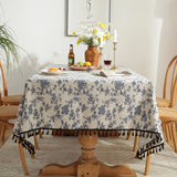 Qfdian Retro Small Flowers Rectangle Tablecloths Tassel Polyester Cotton Printed Table Covers for Living Room Kitchen Dining Decoration