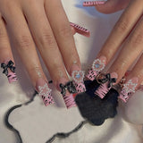 Qfdian  24Pcs Long Coffin False Nails Pink French Flowers Design Fake Nail with Butterfly Rhinestone Wearable Ballet Press on Nails