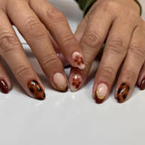 Qfdian  24pcs Sweet Pink Flower Press On Nails Glossy Short Almond Full Cover Stick-on Nails Gold Stripe Blush Artificial False Nails