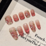 Qfdian  10pcs Glossy Pink Cat's Eye Press On Nails Hand Painted Pear Flower False Nail Full Cover Wearable Korean Style Fake Nail Patch