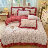 Qfdian  Korean Style Floral Double Gauze Bedding Set 3pcs/4pcs Soft Breathable Cotton Duvet Cover Sheet Girly Dorm Home Textile