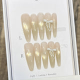 Qfdian  10pcs Handmade Long Almond Press on Nails Gradient French Cat Eye False Nails Pink Flower Design Fake Nails for Women Wearable