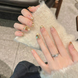 Qfdian Handmade French Short Oval Glitter Gold Cat Eye Press on Nails with Rhinestones Reusable False Nail Tip Artifical Wearable Nails