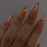 Qfdian 24pcs French Press on Nails Art Simple Pink Flower Star Design False Nail Tips Finished Mid-length Almond Fake Nail Set Manicure