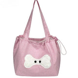 Qfdian Sweet Y2k Aesthetic Kawaii Plaid Shoulder Bags All Match Women Drawstring Casual Handbags New Fashion Grunge Canvas Underarm Bag
