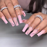Qfdian  24Pcs Long Coffin False Nails Pink French Flowers Design Fake Nail with Butterfly Rhinestone Wearable Ballet Press on Nails