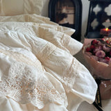 Qfdian  Rose Embossing Quilted Duvet Cover Set Vintage Lace Ruffles Pure Cotton Bedding Set Bed Sheet Pillowcases
