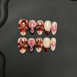 Qfdian  10pcs Handmade Short Almond Press on Nails Autumn Browm Flower Pattern Fake Nails Wearable Detachable Spice Girls False Nails