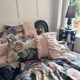 Qfdian Vintage Rose Oil Painting Style Ruffles Egyptian Cotton Bedding Set Duvet Cover Bed Sheet/Bed Skirt/Fitted Sheet Pillowcase 4Pcs