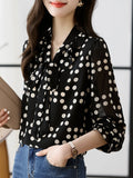 Qfdian  Spring Autumn Polka Dot Chiffon Shirts Women Bowtie Long Sleeve Black Blouse Elegant Office Ladies Causal Women Outfits