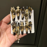 Qfdian  Black Gold Luxury Press-on Nails Made of Polyester Fiber with Dark and Luxurious Style Convenient and Fast to Wear Durable